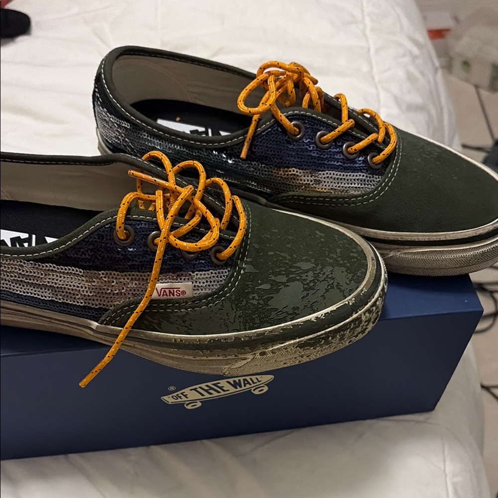 Vans Olive Green Low-Top Sneakers with Blue Knit Panels and Orange Laces